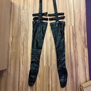 Darque Wet-Look Black Thigh-High Stockings and Belt